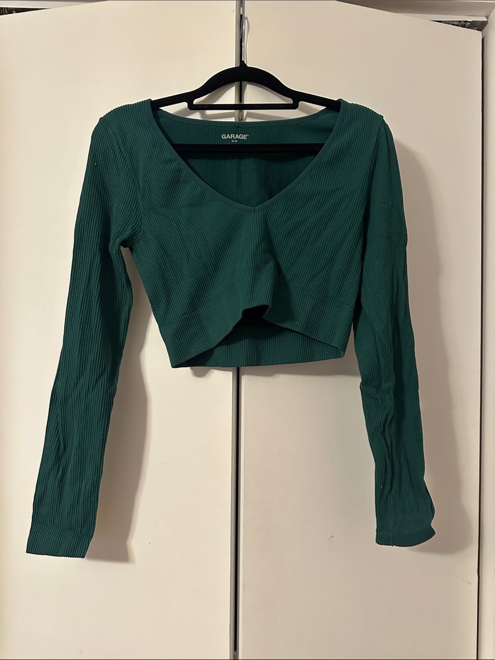 Garage Teal Ribbed V-Neck Long Sleeve Crop Top